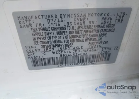 2015 Nissan Sentra Sr из США, поврежденный, VIN 3N1AB7AP0FY310962